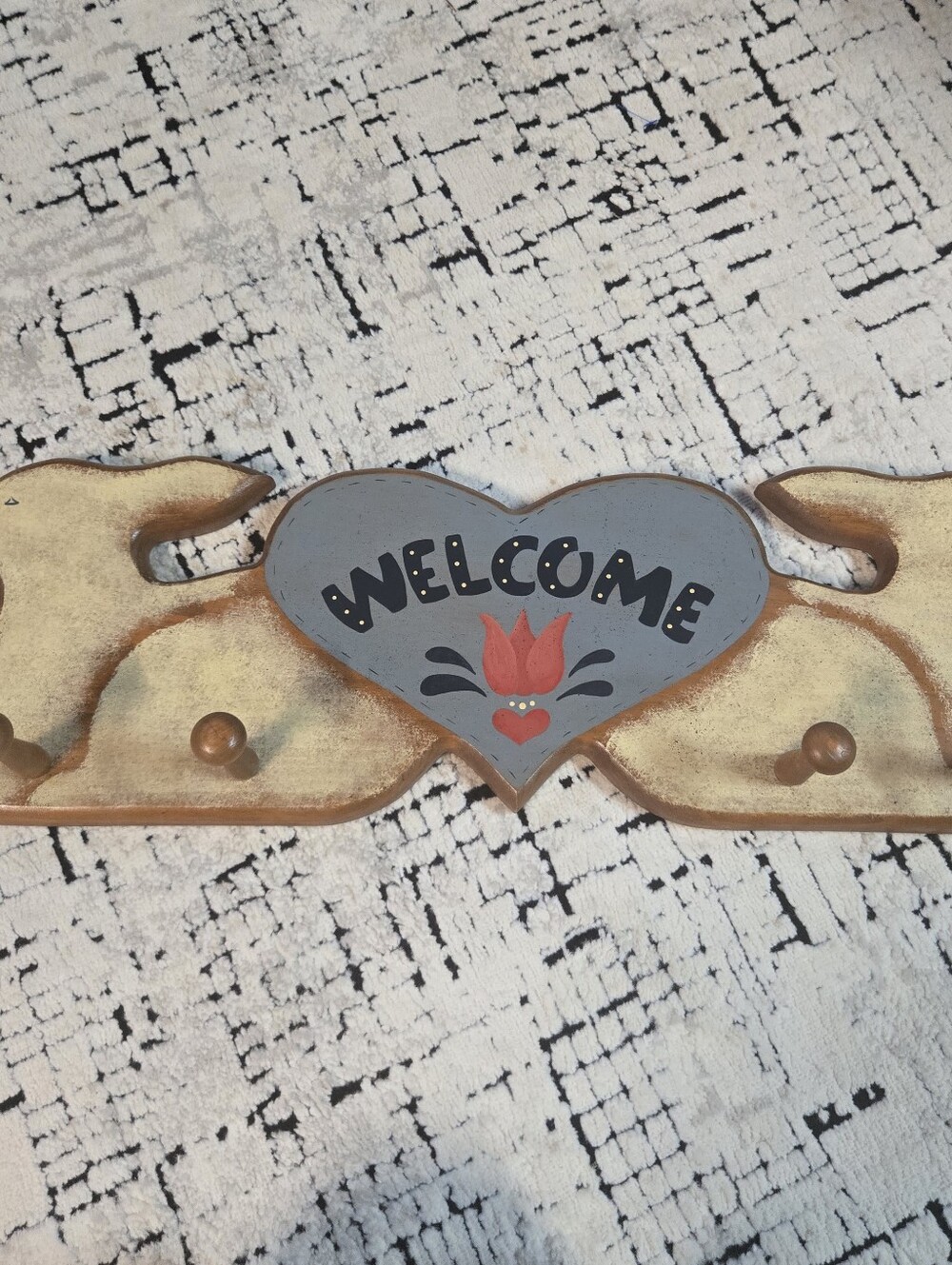 Vintage Cottagecore Wood wall hanging Peg Rack Bunny Heart Decor